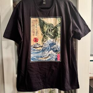 Gildan Black Short Sleeve Tee with Japanese Wave & Green Kraken Graphic